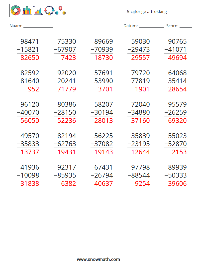 (25) 5-cijferige aftrekking Wiskundige werkbladen 7 Vraag, Antwoord