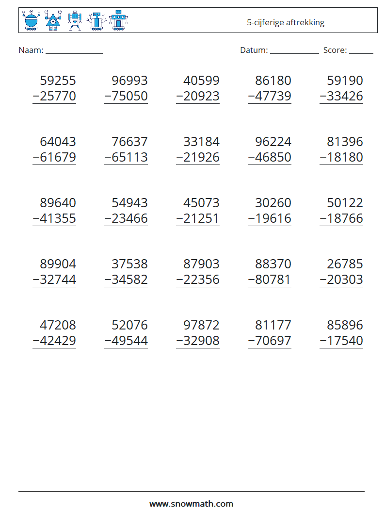 (25) 5-cijferige aftrekking Wiskundige werkbladen 9