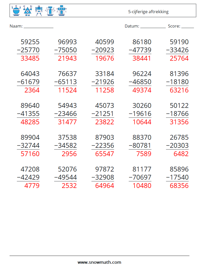 (25) 5-cijferige aftrekking Wiskundige werkbladen 9 Vraag, Antwoord