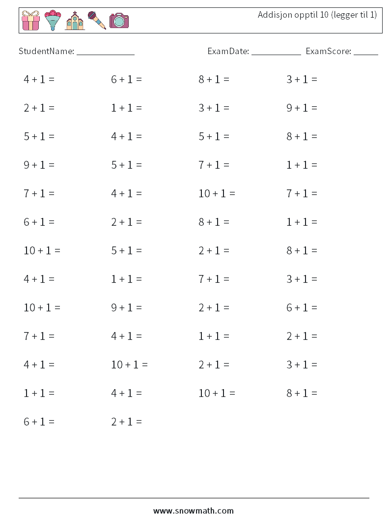 (50) Addisjon opptil 10 (legger til 1) MathWorksheets 1