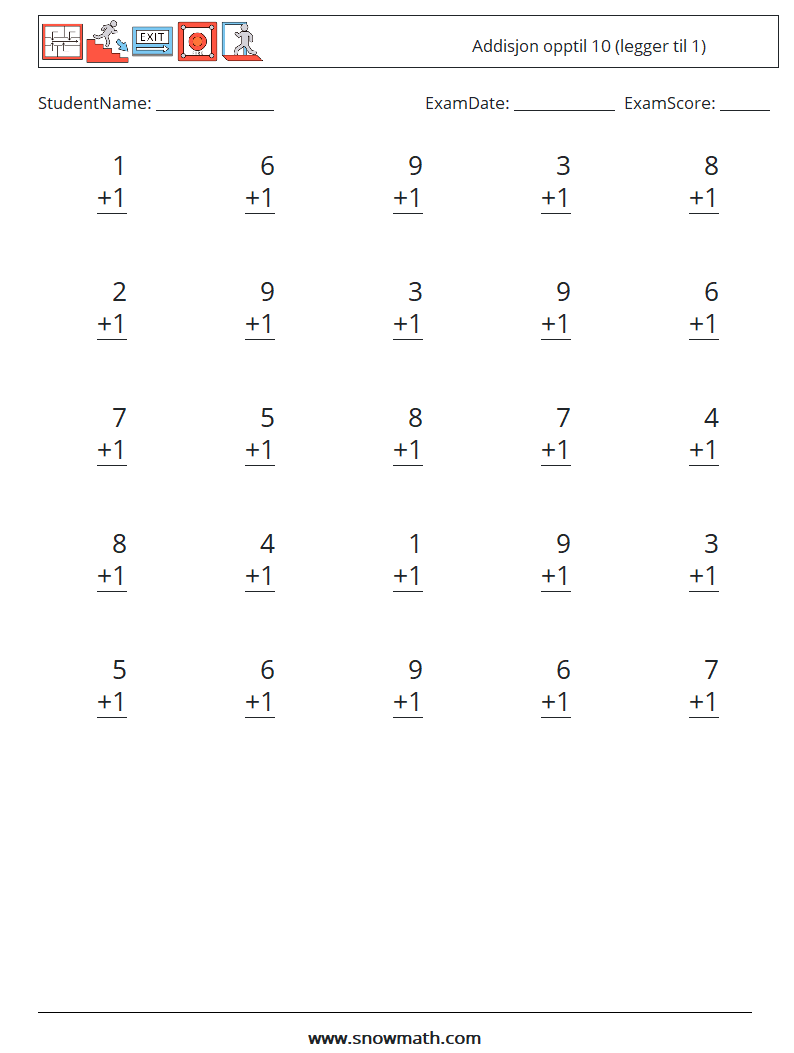 (25) Addisjon opptil 10 (legger til 1) MathWorksheets 2