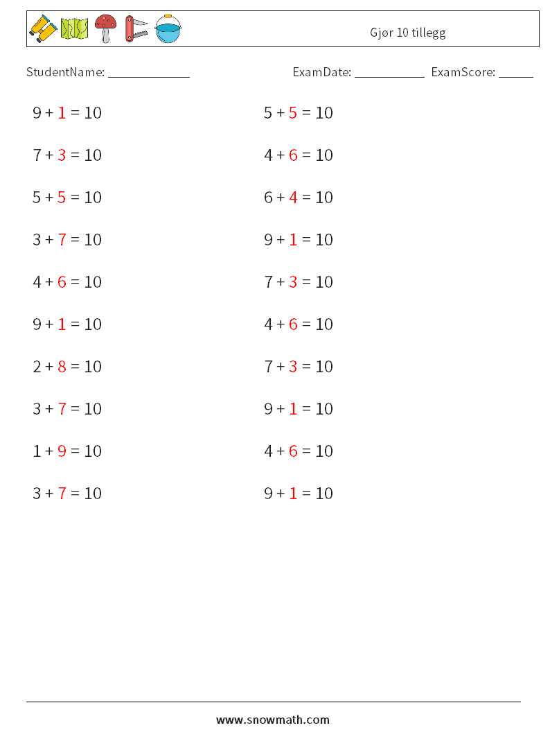 (20) Gjør 10 tillegg MathWorksheets 1 QuestionAnswer
