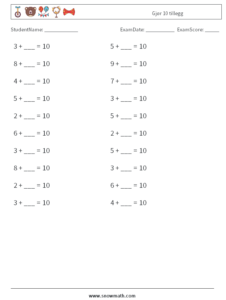 (20) Gjør 10 tillegg MathWorksheets 2