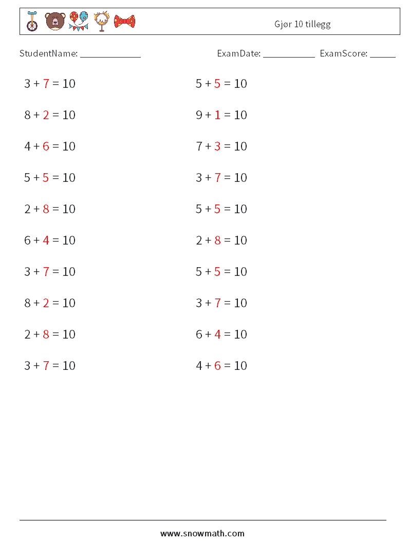 (20) Gjør 10 tillegg MathWorksheets 2 QuestionAnswer