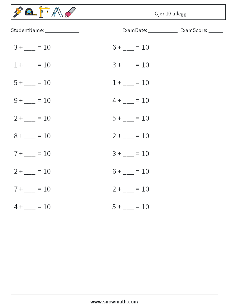 (20) Gjør 10 tillegg MathWorksheets 3