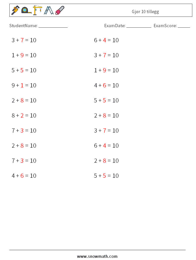 (20) Gjør 10 tillegg MathWorksheets 3 QuestionAnswer