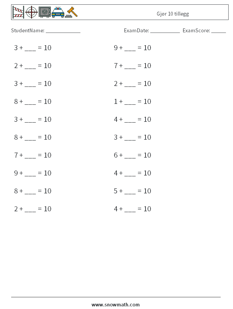 (20) Gjør 10 tillegg MathWorksheets 4