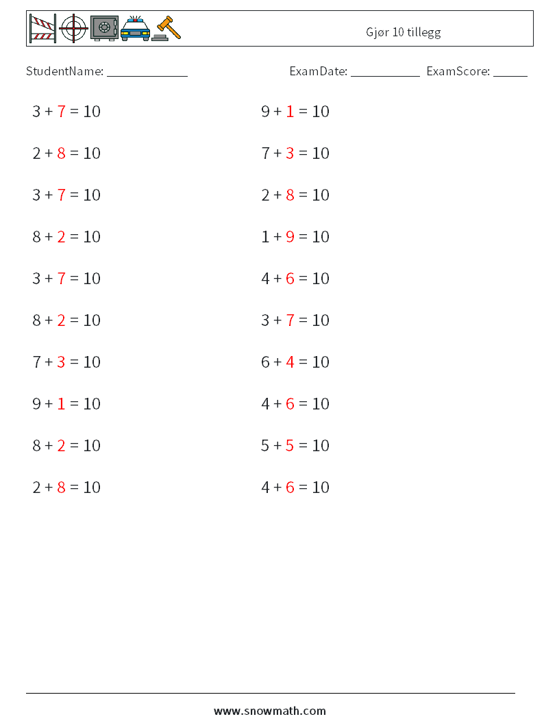 (20) Gjør 10 tillegg MathWorksheets 4 QuestionAnswer