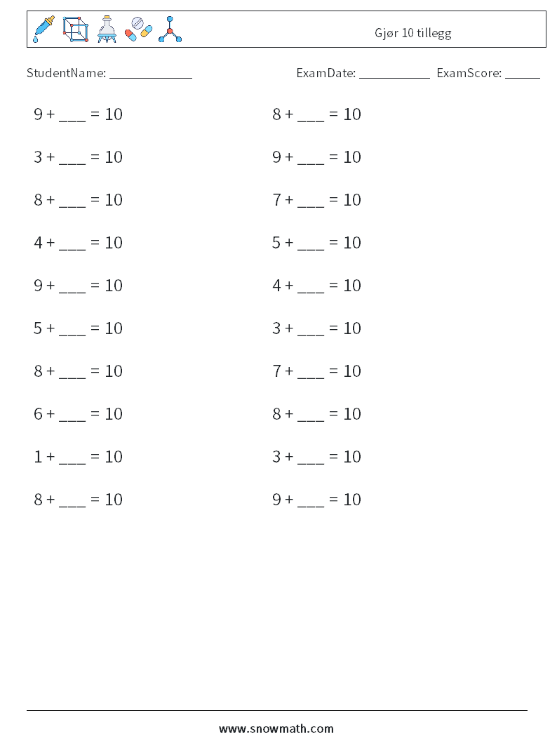 (20) Gjør 10 tillegg MathWorksheets 5