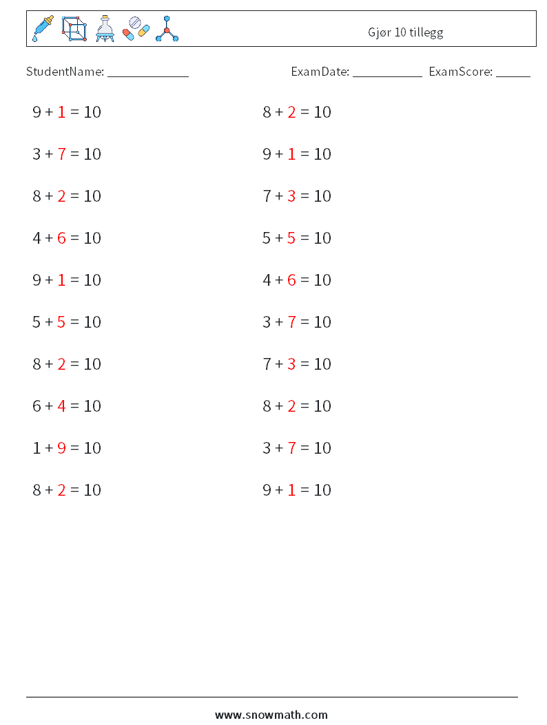 (20) Gjør 10 tillegg MathWorksheets 5 QuestionAnswer