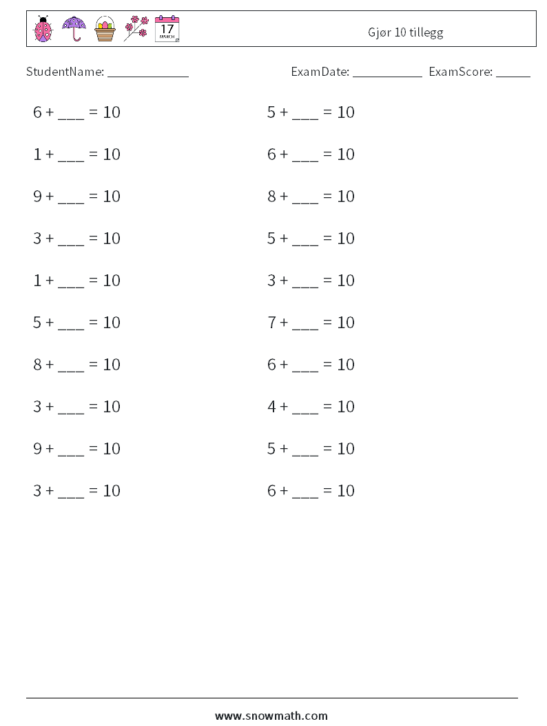 (20) Gjør 10 tillegg MathWorksheets 6