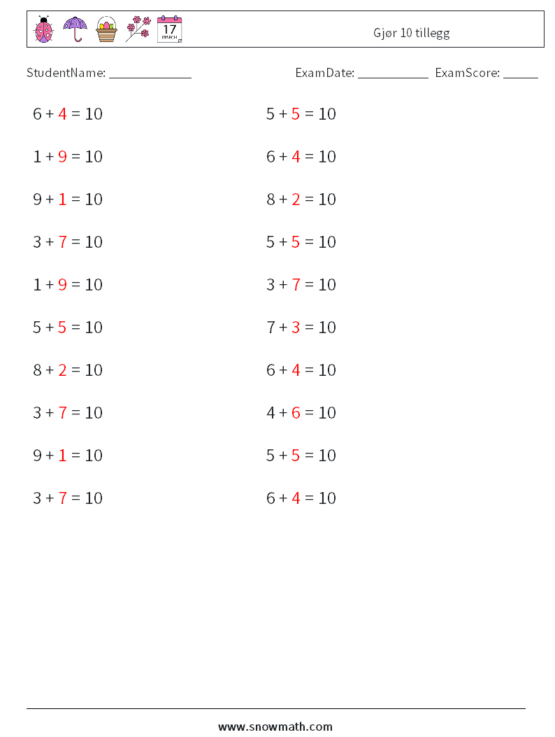 (20) Gjør 10 tillegg MathWorksheets 6 QuestionAnswer