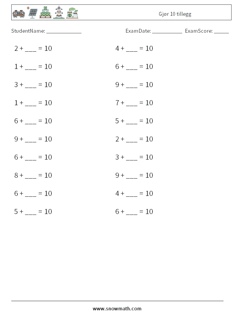 (20) Gjør 10 tillegg MathWorksheets 7