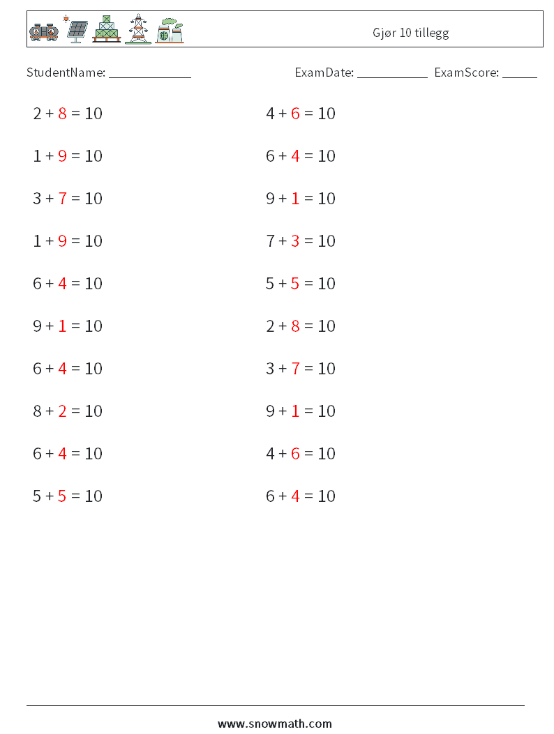 (20) Gjør 10 tillegg MathWorksheets 7 QuestionAnswer
