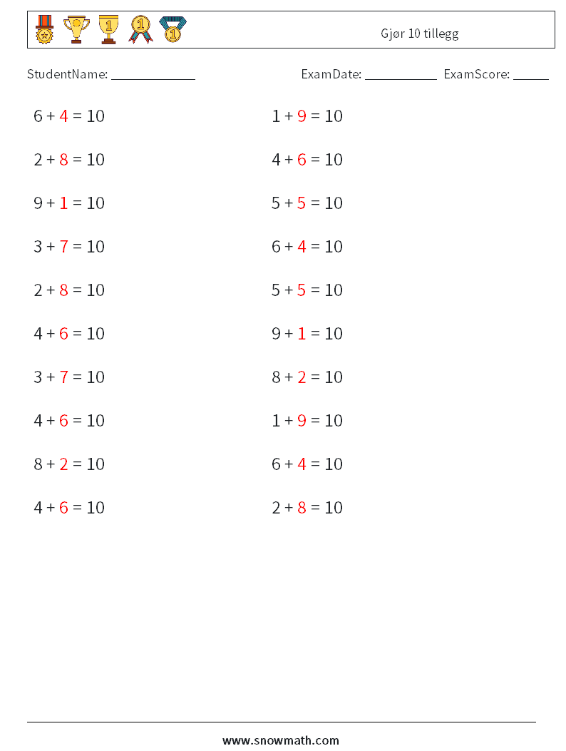 (20) Gjør 10 tillegg MathWorksheets 8 QuestionAnswer