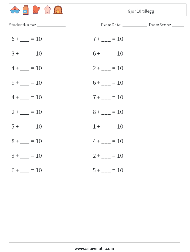 (20) Gjør 10 tillegg MathWorksheets 9