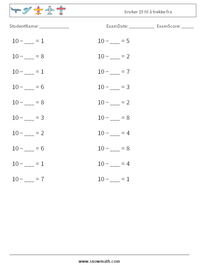 (20) bruker 10 til å trekke fra MathWorksheets 1