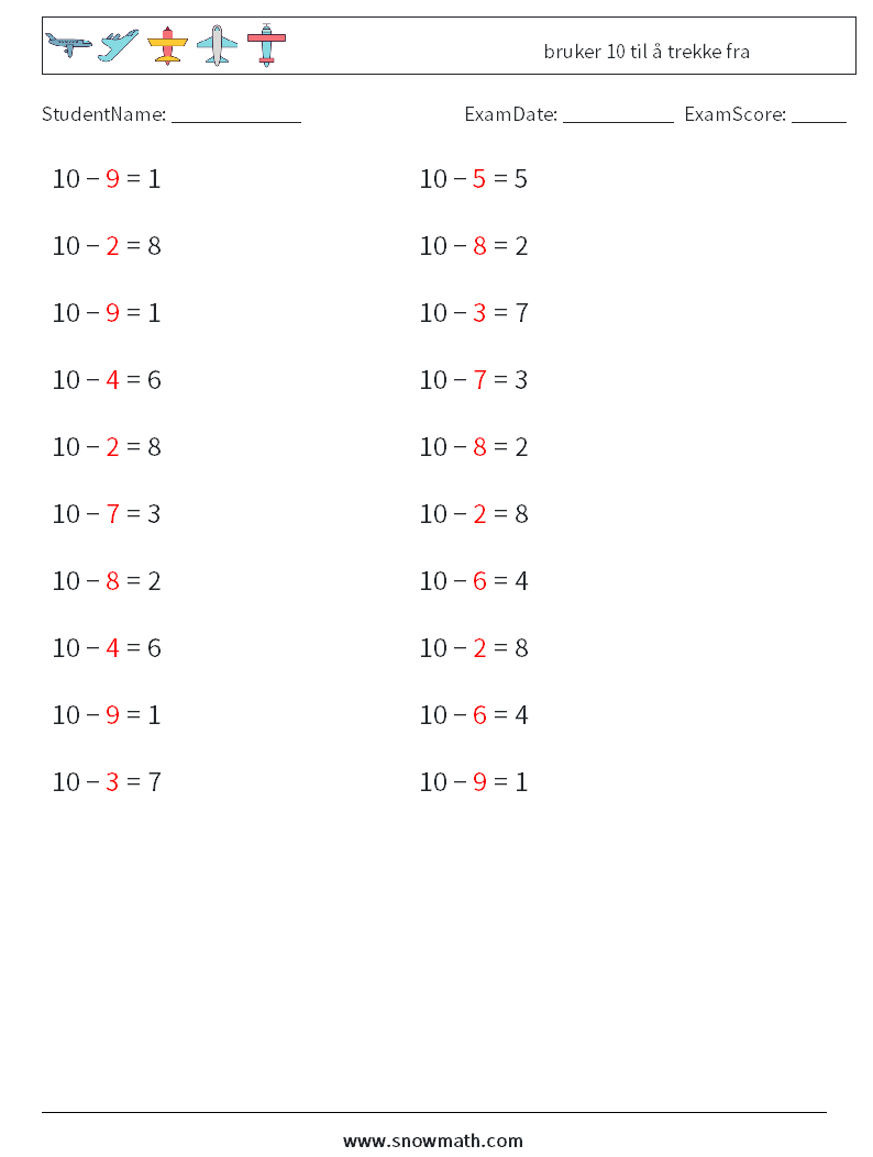 (20) bruker 10 til å trekke fra MathWorksheets 1 QuestionAnswer