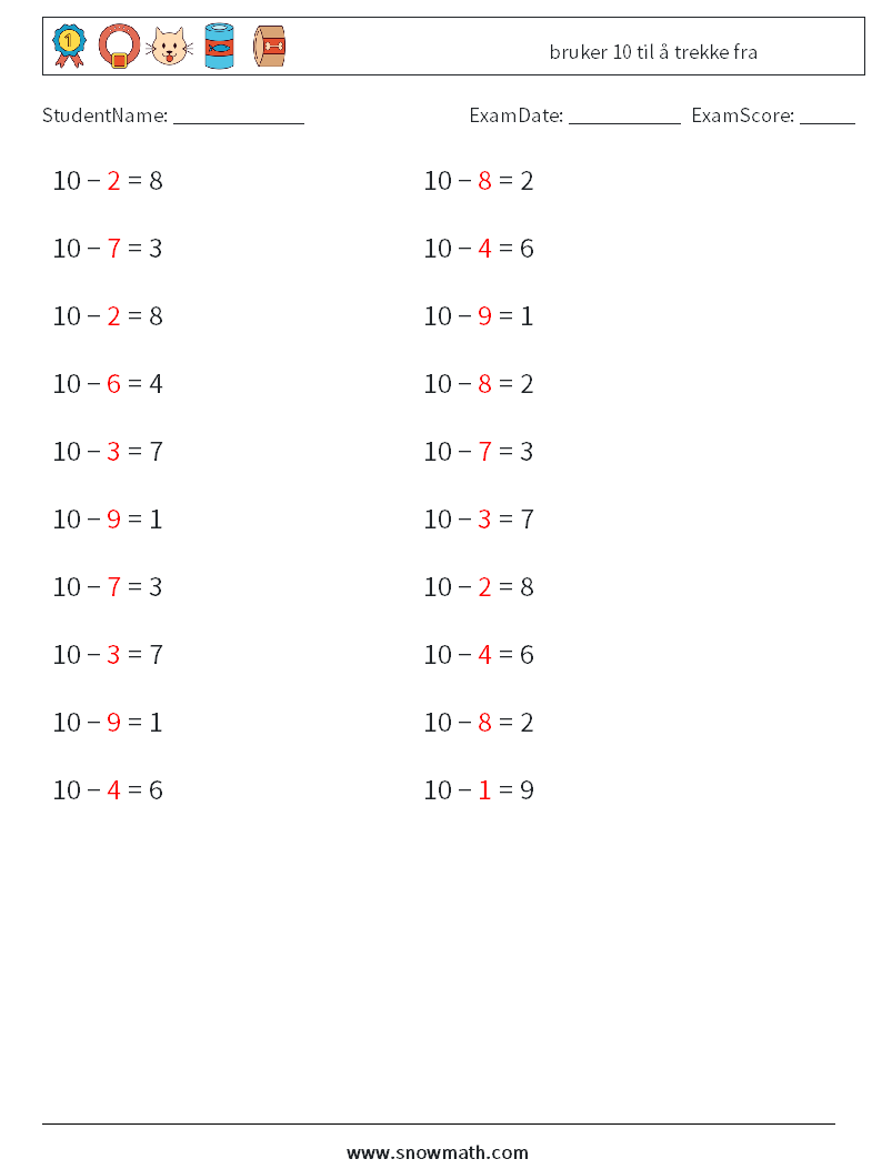 (20) bruker 10 til å trekke fra MathWorksheets 4 QuestionAnswer