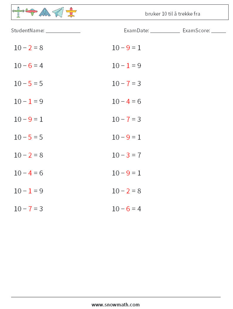 (20) bruker 10 til å trekke fra MathWorksheets 6 QuestionAnswer