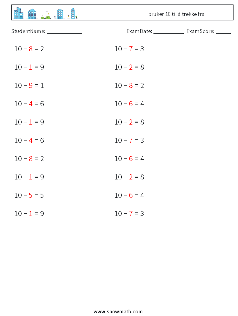 (20) bruker 10 til å trekke fra MathWorksheets 9 QuestionAnswer
