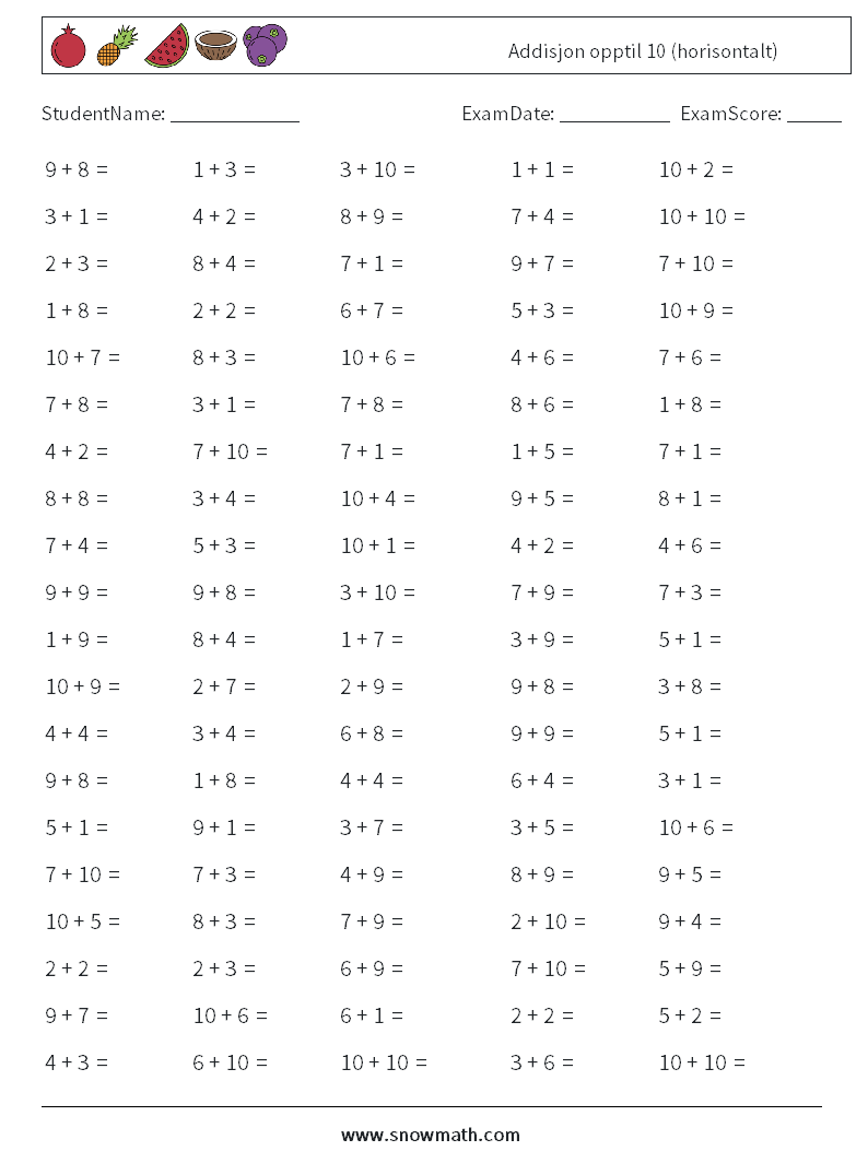 (100) Addisjon opptil 10 (horisontalt) MathWorksheets 1