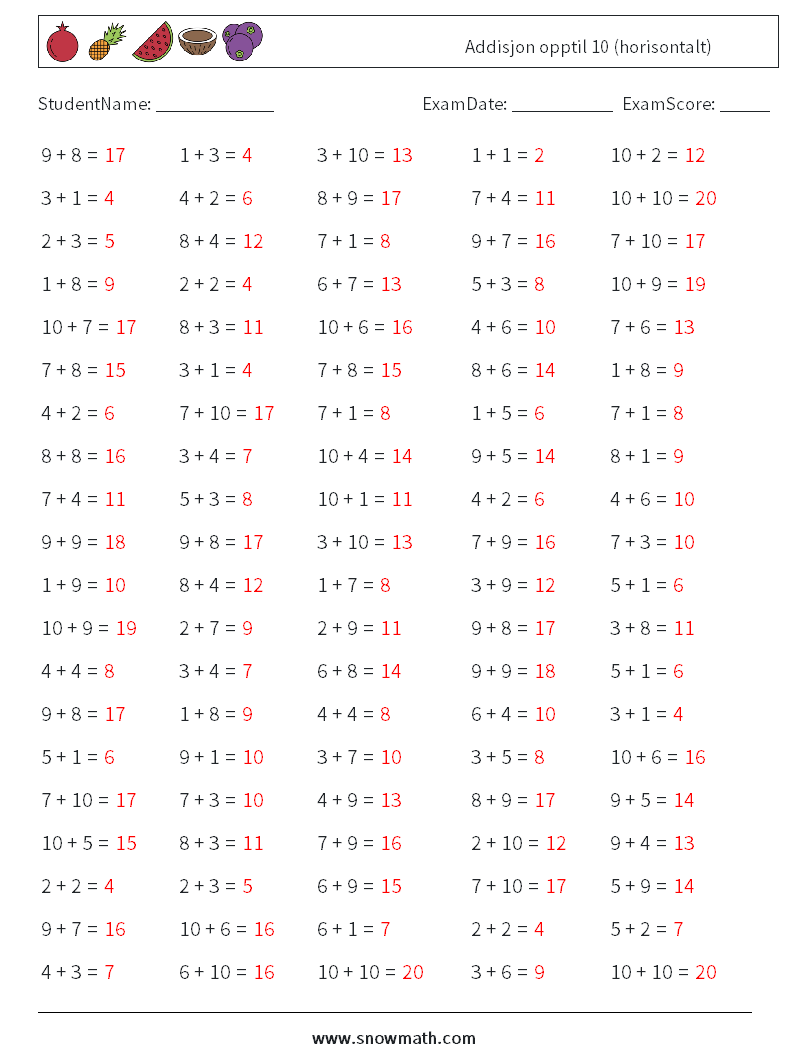 (100) Addisjon opptil 10 (horisontalt) MathWorksheets 1 QuestionAnswer