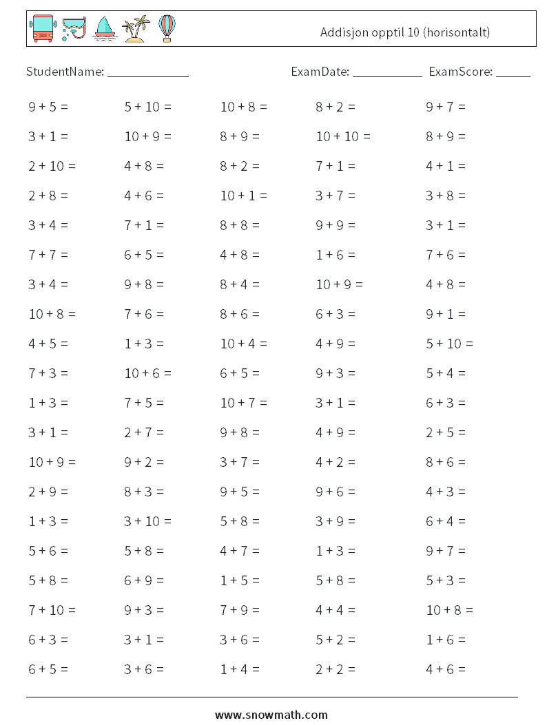 (100) Addisjon opptil 10 (horisontalt) MathWorksheets 2