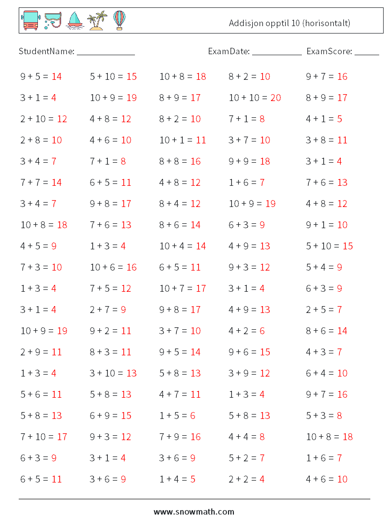 (100) Addisjon opptil 10 (horisontalt) MathWorksheets 2 QuestionAnswer