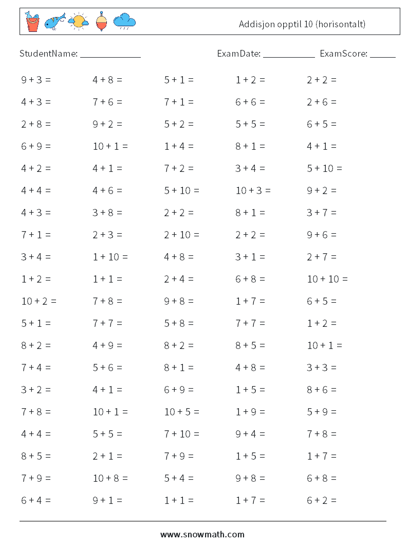 (100) Addisjon opptil 10 (horisontalt) MathWorksheets 3