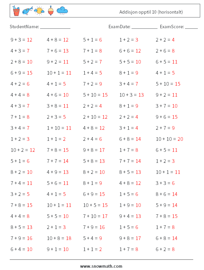 (100) Addisjon opptil 10 (horisontalt) MathWorksheets 3 QuestionAnswer