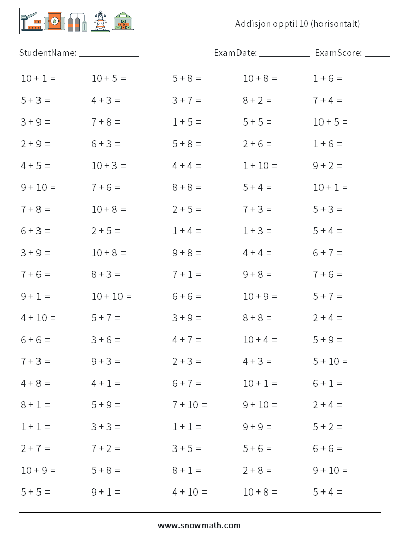 (100) Addisjon opptil 10 (horisontalt) MathWorksheets 4