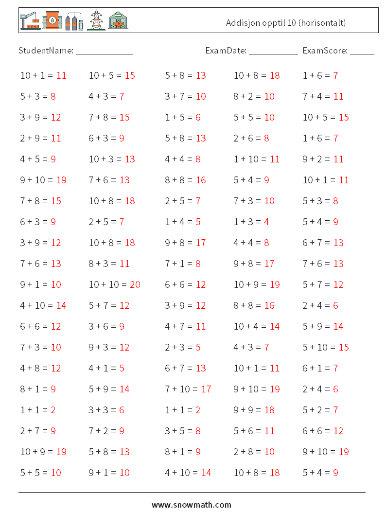 (100) Addisjon opptil 10 (horisontalt) MathWorksheets 4 QuestionAnswer