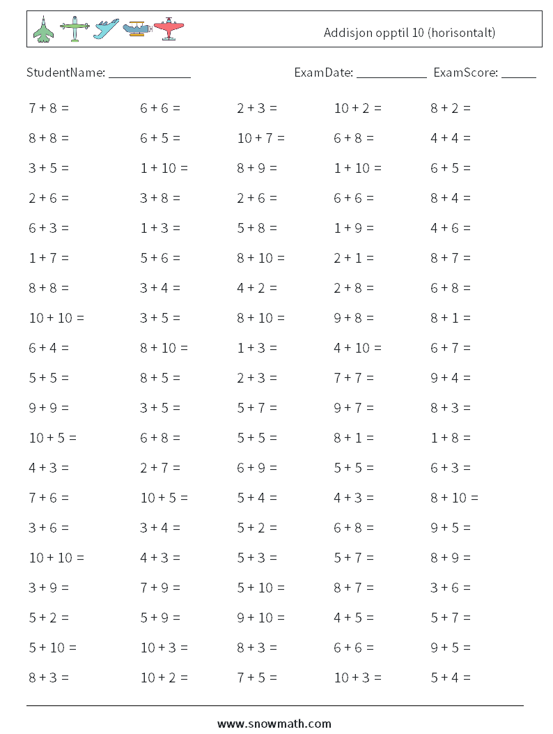 (100) Addisjon opptil 10 (horisontalt) MathWorksheets 5
