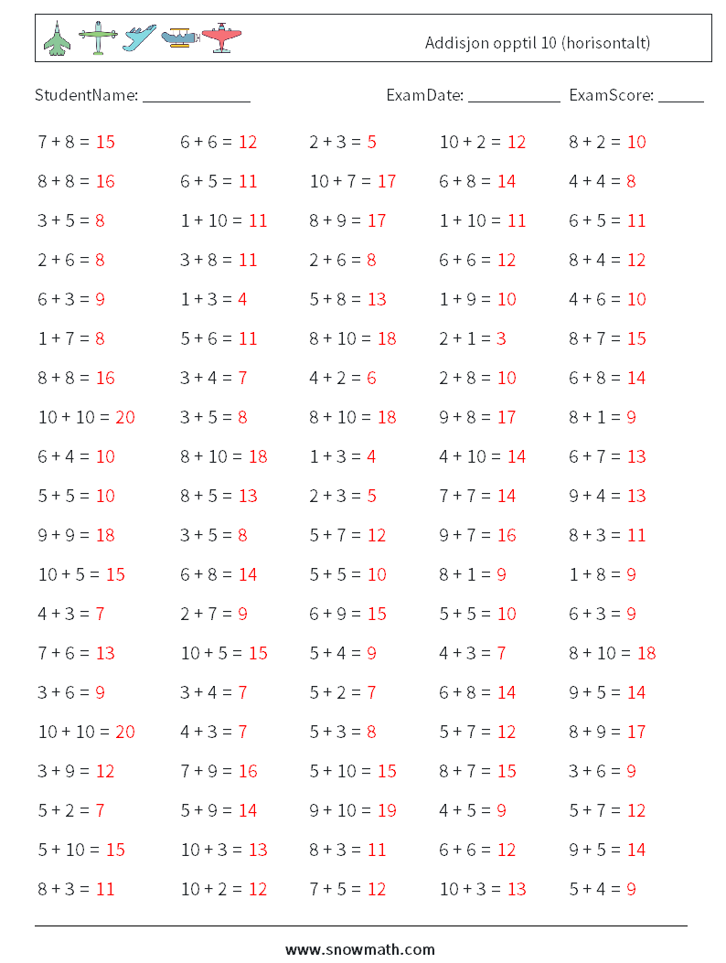 (100) Addisjon opptil 10 (horisontalt) MathWorksheets 5 QuestionAnswer