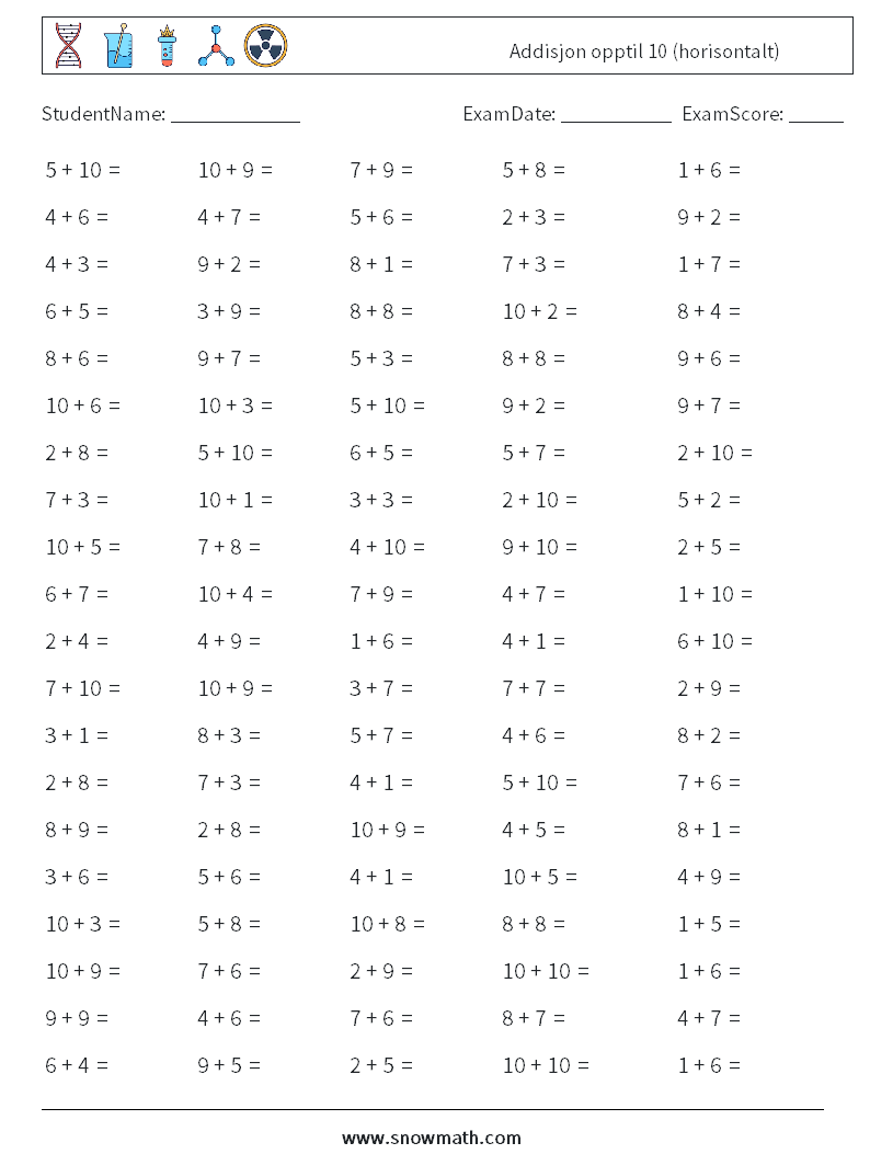 (100) Addisjon opptil 10 (horisontalt) MathWorksheets 6