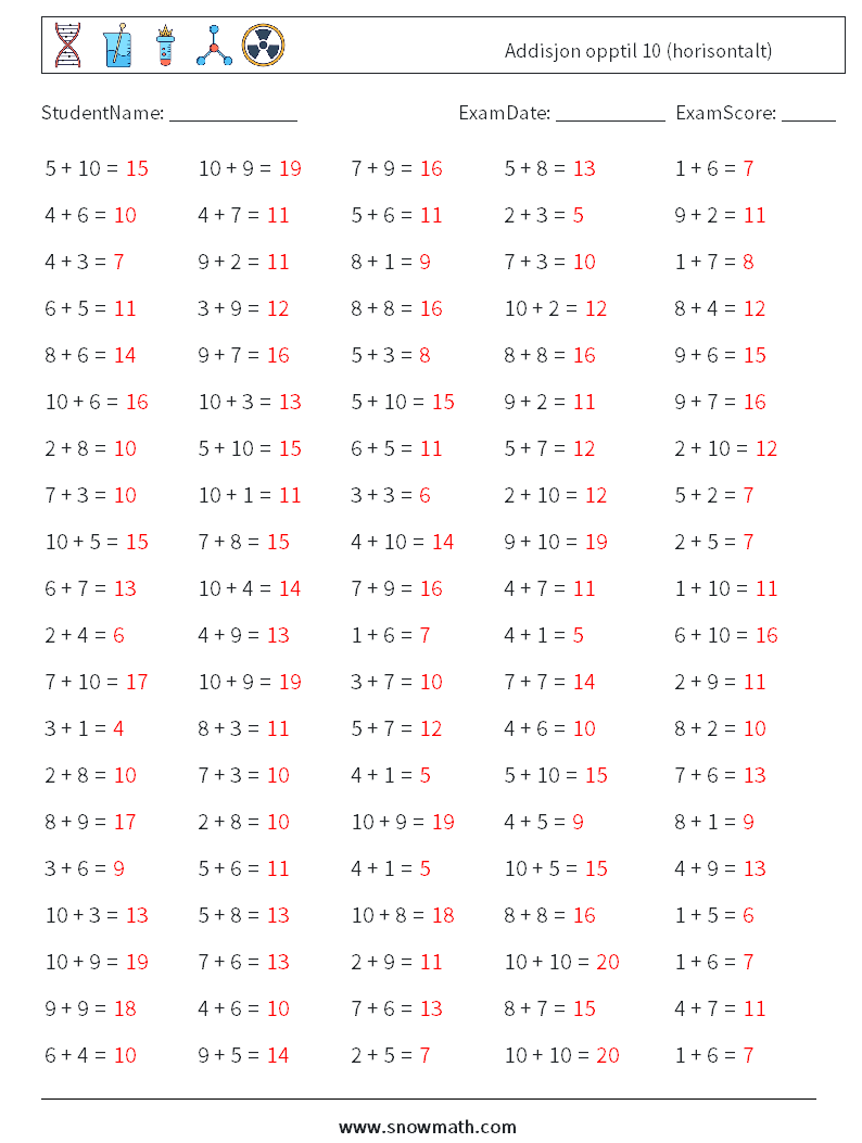 (100) Addisjon opptil 10 (horisontalt) MathWorksheets 6 QuestionAnswer