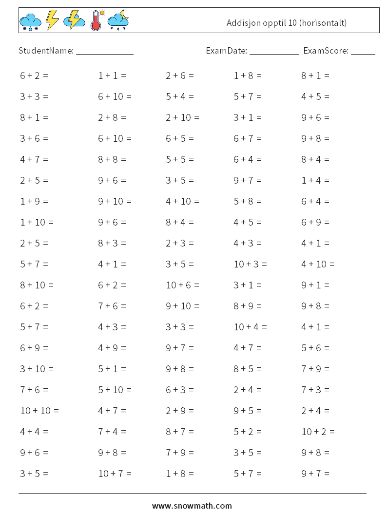 (100) Addisjon opptil 10 (horisontalt) MathWorksheets 7