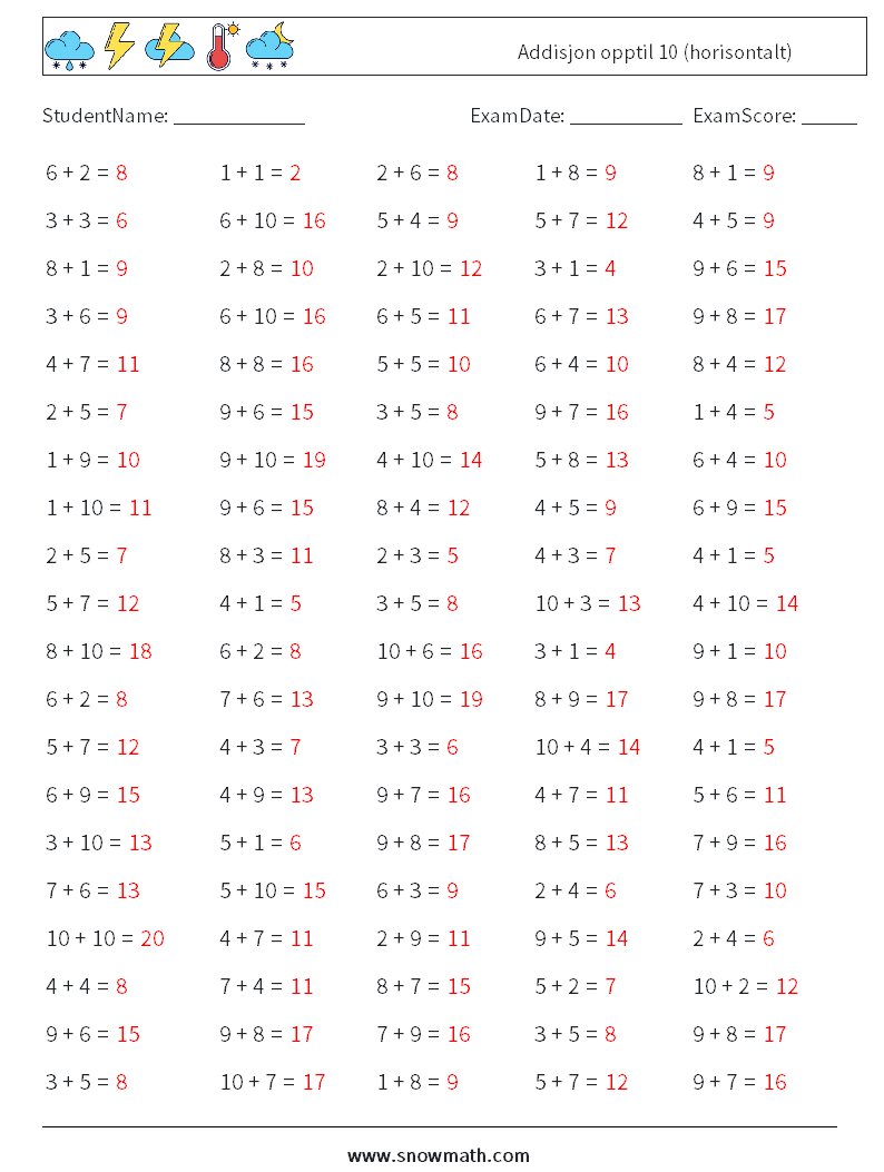 (100) Addisjon opptil 10 (horisontalt) MathWorksheets 7 QuestionAnswer
