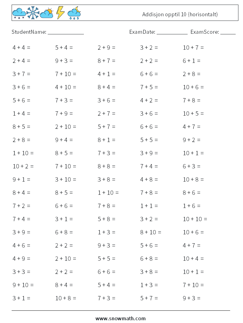 (100) Addisjon opptil 10 (horisontalt) MathWorksheets 8
