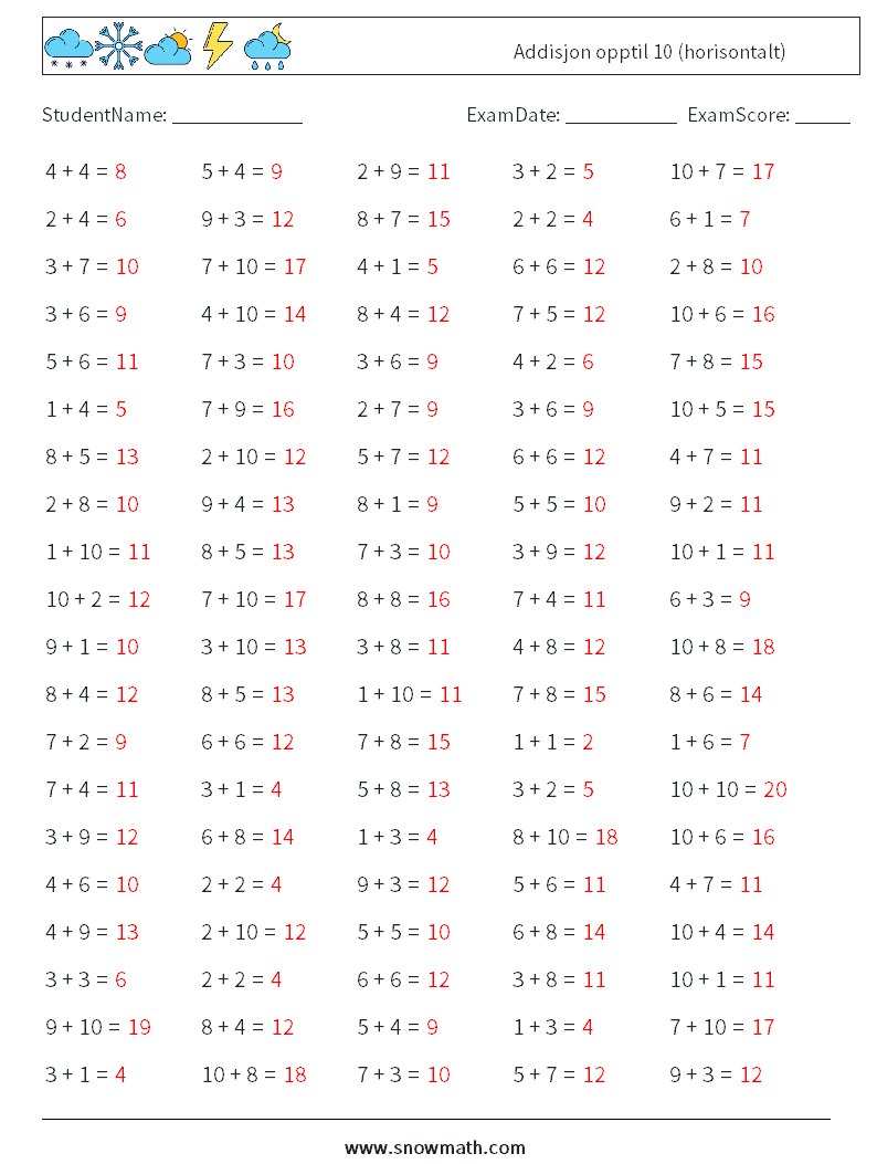 (100) Addisjon opptil 10 (horisontalt) MathWorksheets 8 QuestionAnswer
