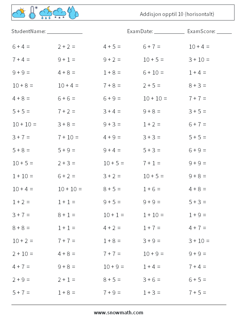 (100) Addisjon opptil 10 (horisontalt) MathWorksheets 9
