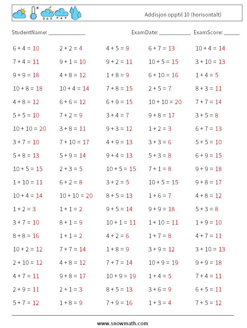 (100) Addisjon opptil 10 (horisontalt) MathWorksheets 9 QuestionAnswer