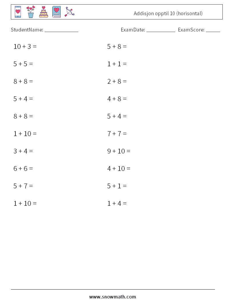 (20) Addisjon opptil 10 (horisontal)