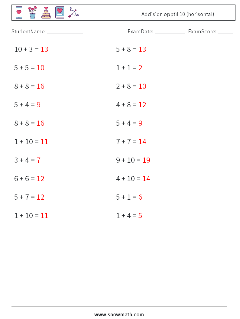 (20) Addisjon opptil 10 (horisontal) MathWorksheets 1 QuestionAnswer