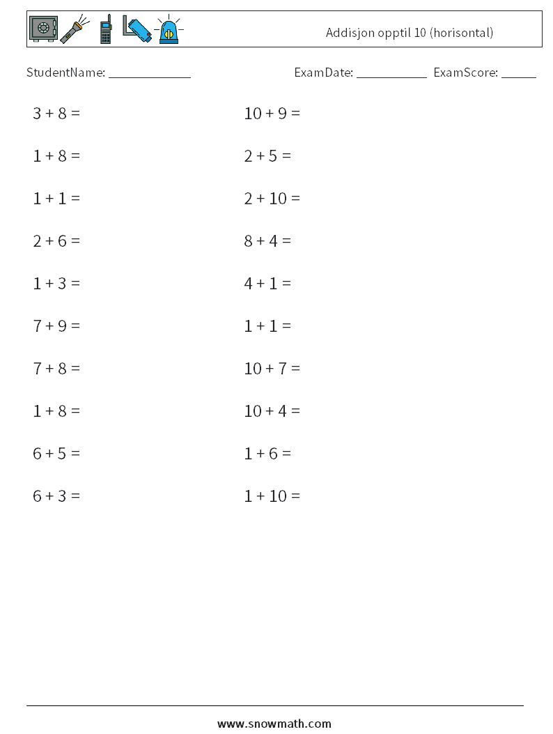 (20) Addisjon opptil 10 (horisontal) MathWorksheets 2