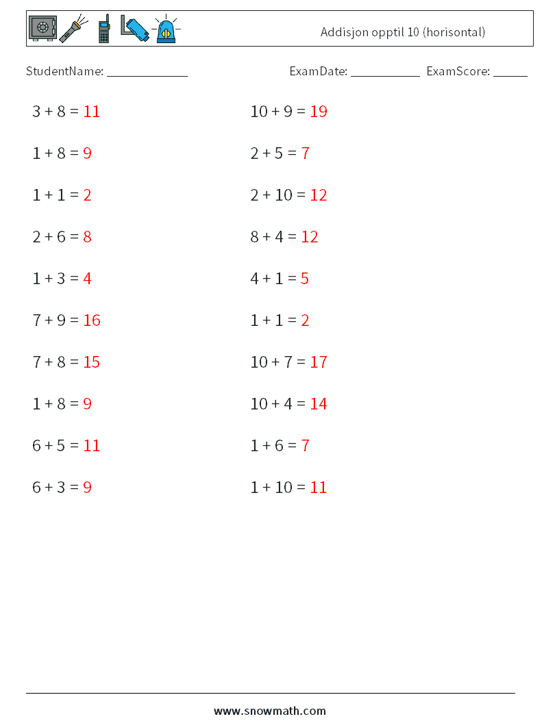 (20) Addisjon opptil 10 (horisontal) MathWorksheets 2 QuestionAnswer