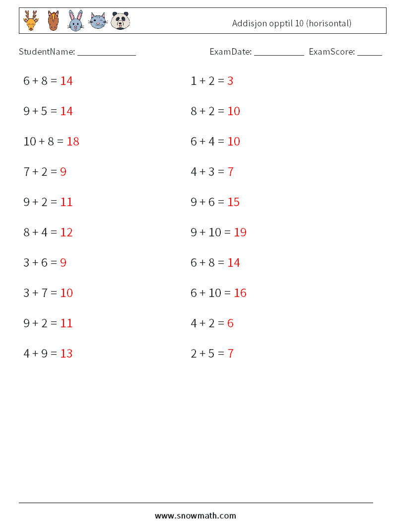 (20) Addisjon opptil 10 (horisontal) MathWorksheets 3 QuestionAnswer