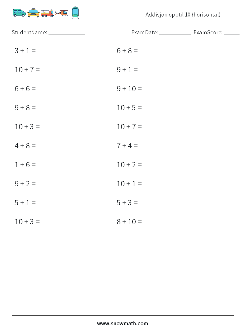 (20) Addisjon opptil 10 (horisontal) MathWorksheets 4