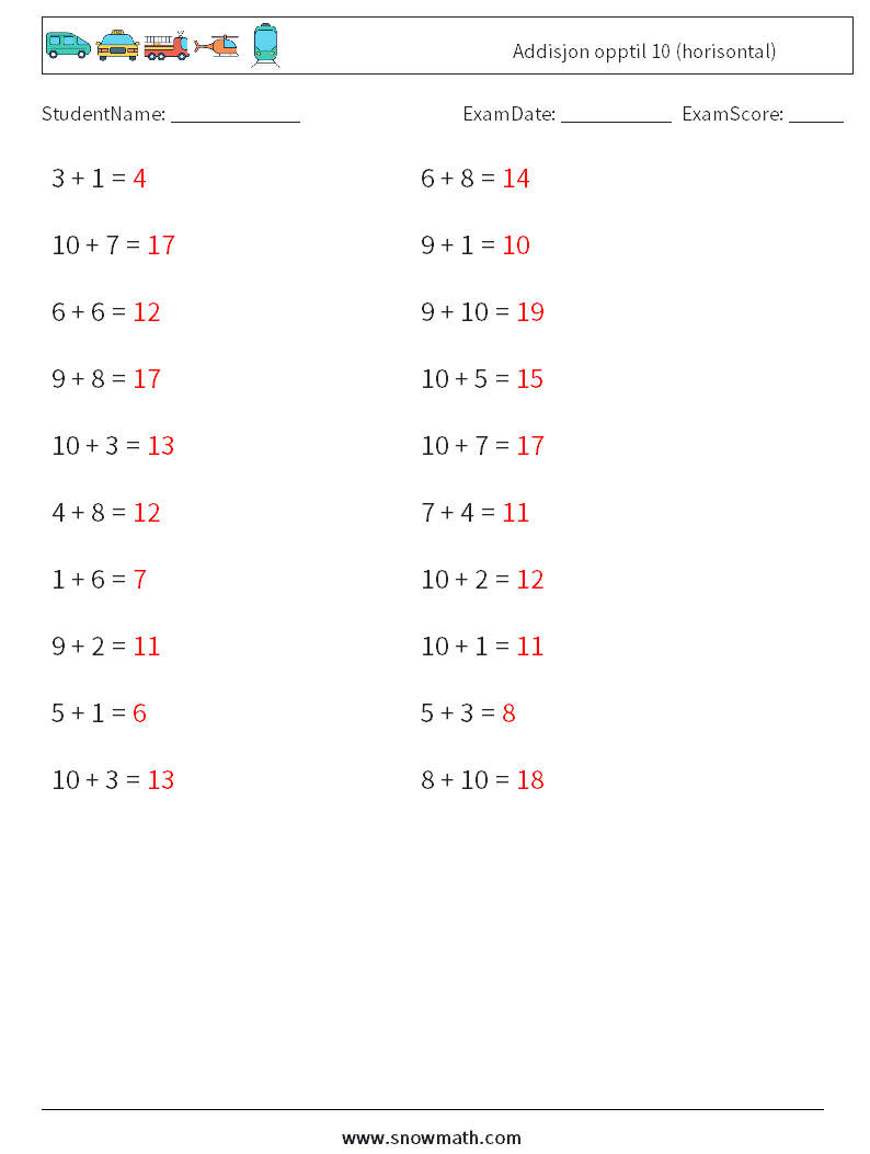 (20) Addisjon opptil 10 (horisontal) MathWorksheets 4 QuestionAnswer